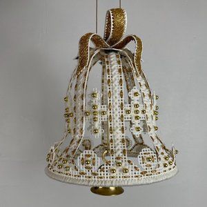 Vintage Needlepoint Christmas Bell White Gold Large Hanging Holiday Bell Decor